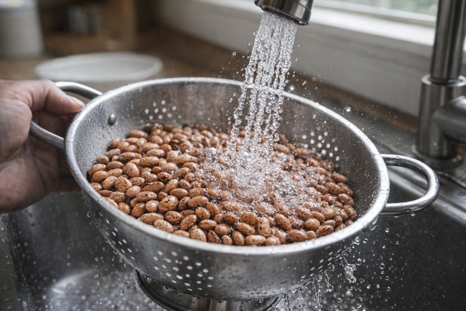 A close-up shot of dry pinto beans being rinsed in a stainless steel colander under a running faucet, with water droplets splashing